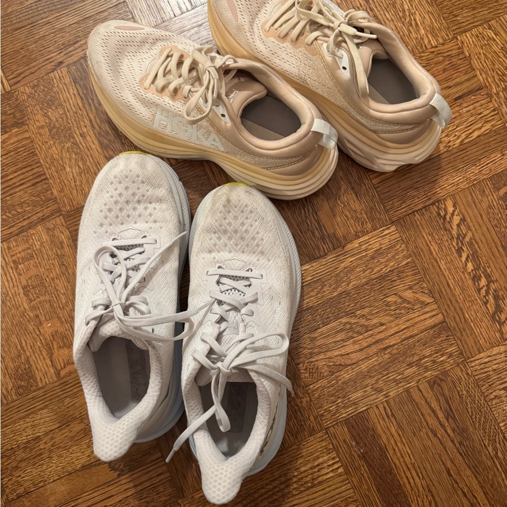 Hoka Beige and White Athletic Shoes Size 7 - 2 pairs together
